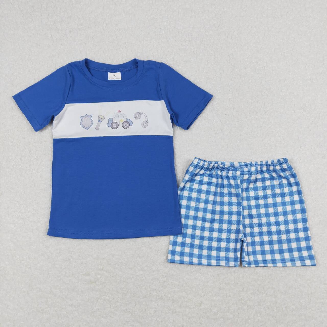 BSSO0665 Blue Police Print Top Plaid Shorts Boys Summer Clothes Set