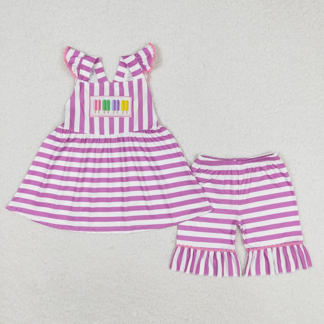 GSSO0734 Popsicle Embroidery Purple Stripes Tunic Top Ruffle Shorts Girls Summer Clothes Set