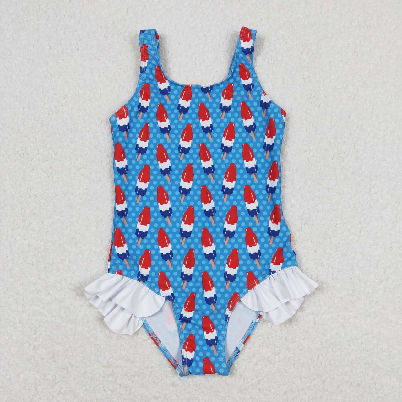 S0217 Popsicle Blue Polka Dots Print 1 Piece Girls 4th of July Swimsuits