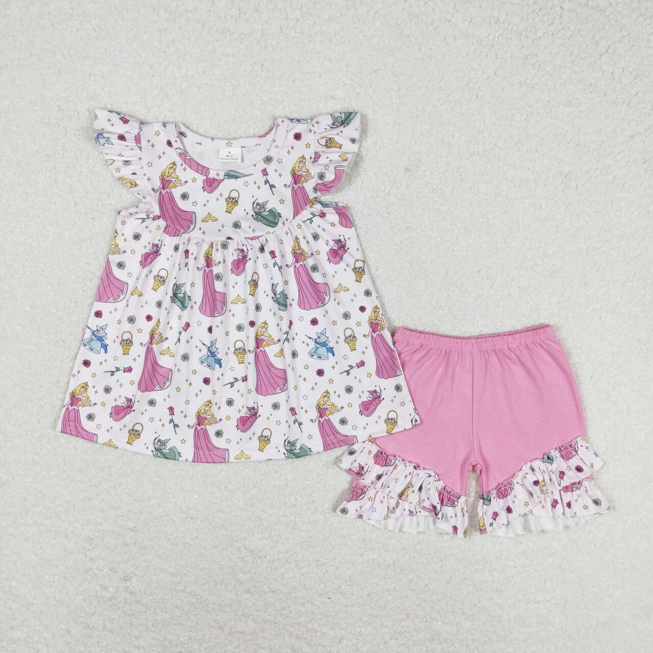 GSSO0910 Pink Cartoon Princess Top Ruffles Shorts Girls Summer Clothes Set