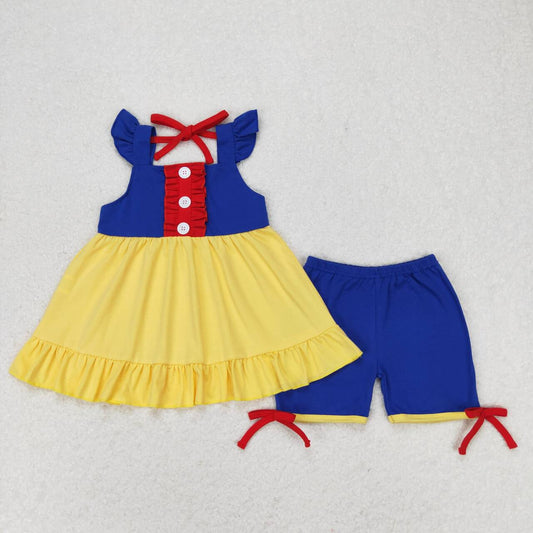 GSSO0967  Princess Blue Yellow Tunic Top Shorts Girls Summer Clothes Set