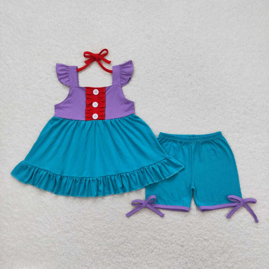 GSSO0970  Princess Design Tunic Top Blue Shorts Girls Summer Clothes Set
