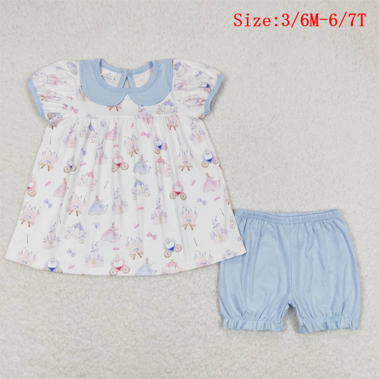 GSSO1046 Princess Castle Top Blue Shorts Girls Summer Clothes Set