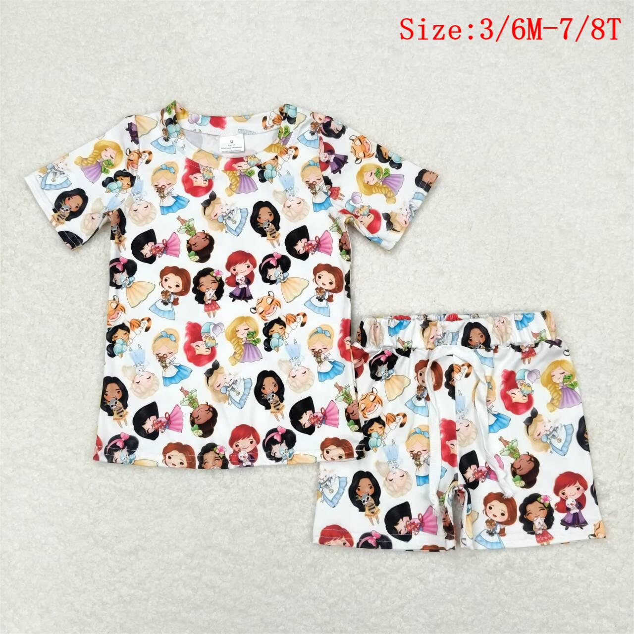 GSSO1099 Cartoon Princess Print Girls Summer Pajamas Clothes Set