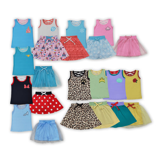 Cartoon Princess Tank Top Skirts Shotrs Girls Summer Clothes Set Sisters Wear