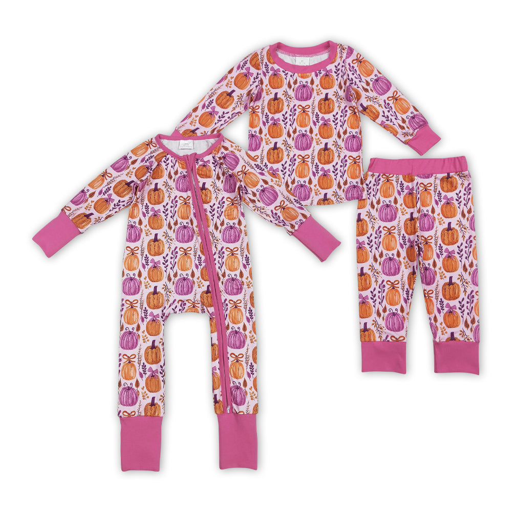 Pumpkin Bows Print Girls Fall Pajamas Matching Clothes