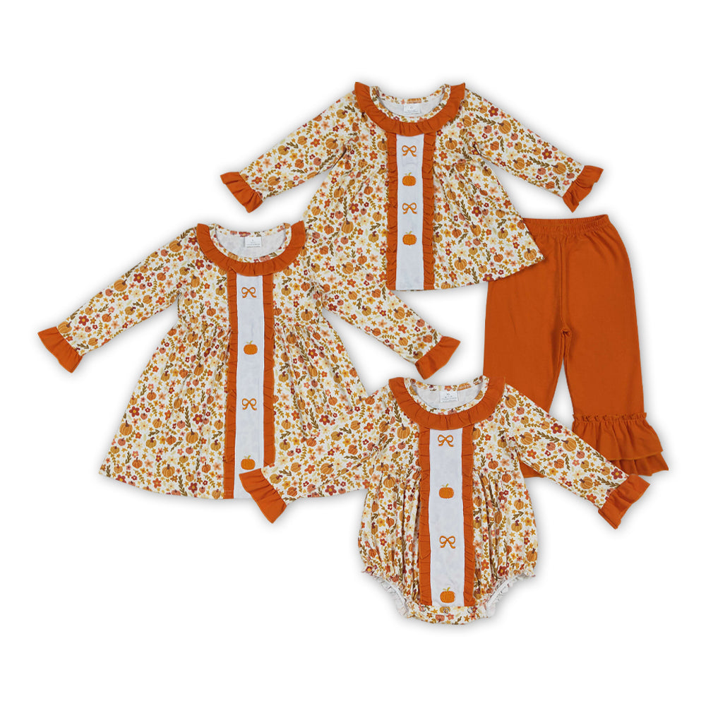 Pumpkin Bows Embroidery Flowers Print Girls Fall Clothes Sisters Matching Wear