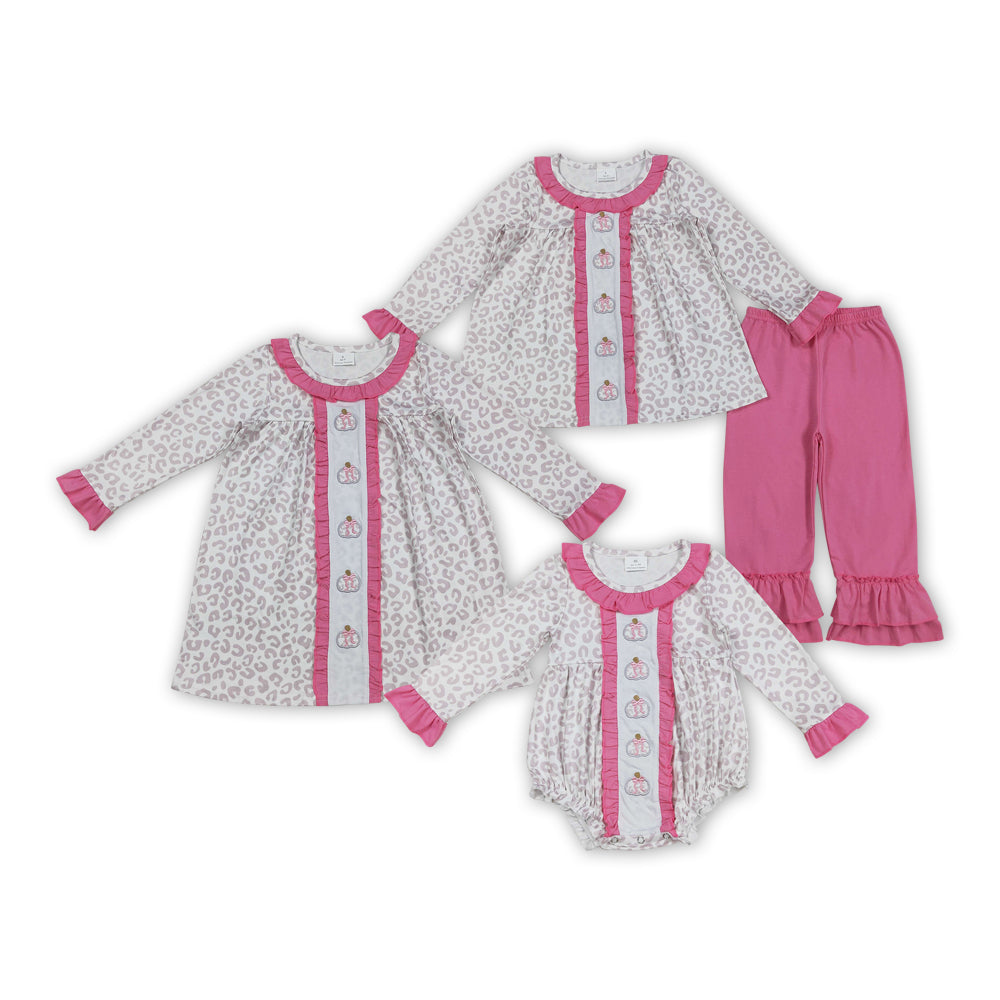 Pumpkin Embroidery Leopard Print Girls Fall Clothes Sisters Matching Wear