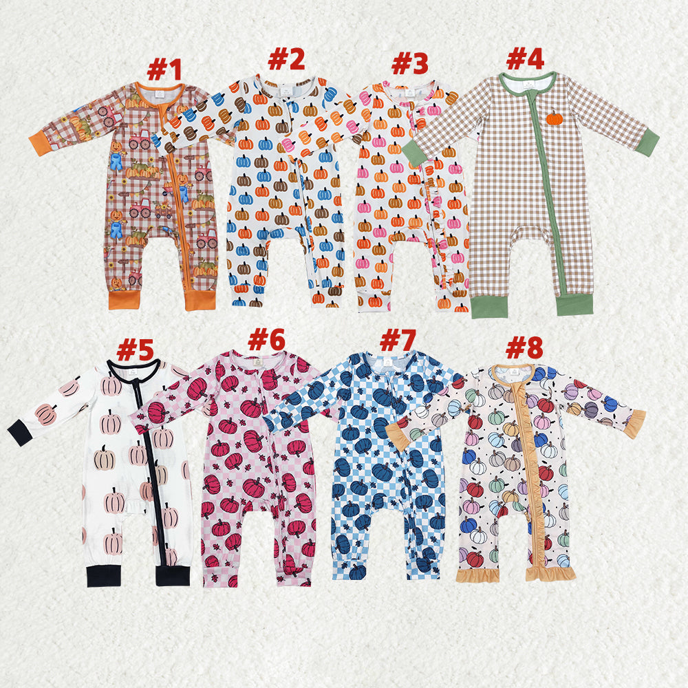Pumpkin Print Baby Sleeper Zipper Romper Sibling Wear