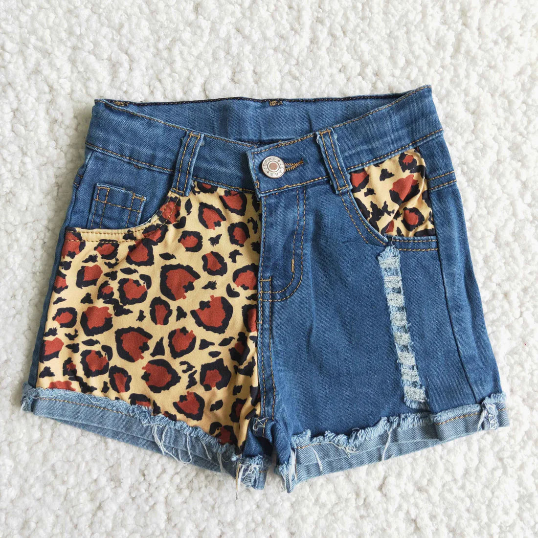 GT0106+D5-14+GB0008 Cow Skull Top Leopard Denim Shorts Girls 3 Pieces Summer Outfits