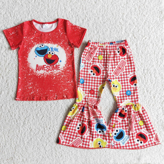 (Promotion)AWESOME Cartoon Street Teacher Short Sleeve Bell Bottom Pants Outfits   E11-17