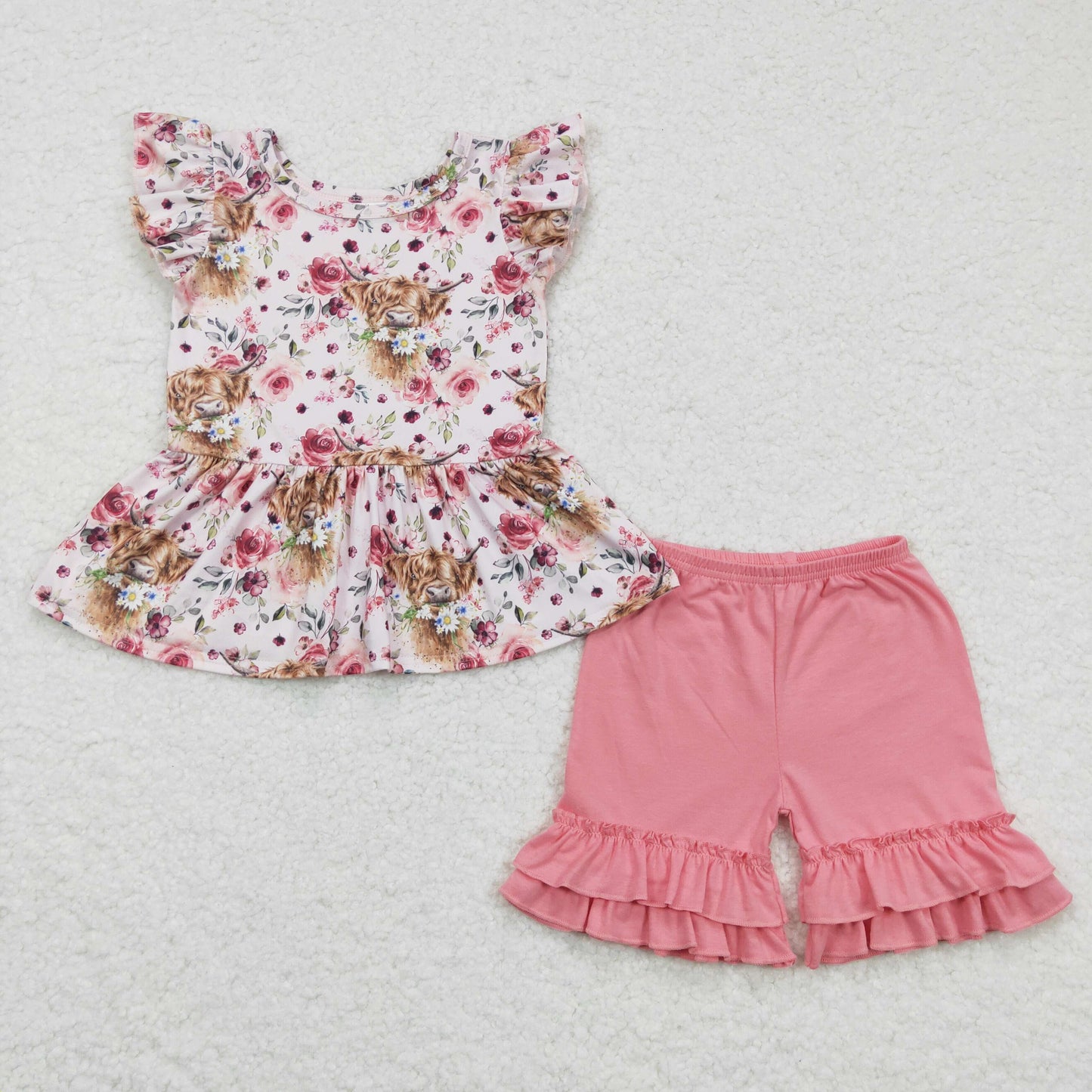 (Promotion)Girls highland cow floral print summer outfits GSSO0133