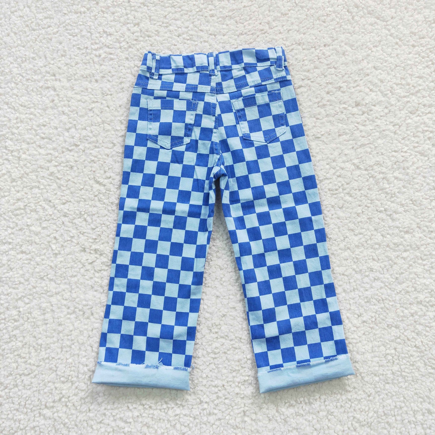 P0097 Kids blue plaid denim hole jeans