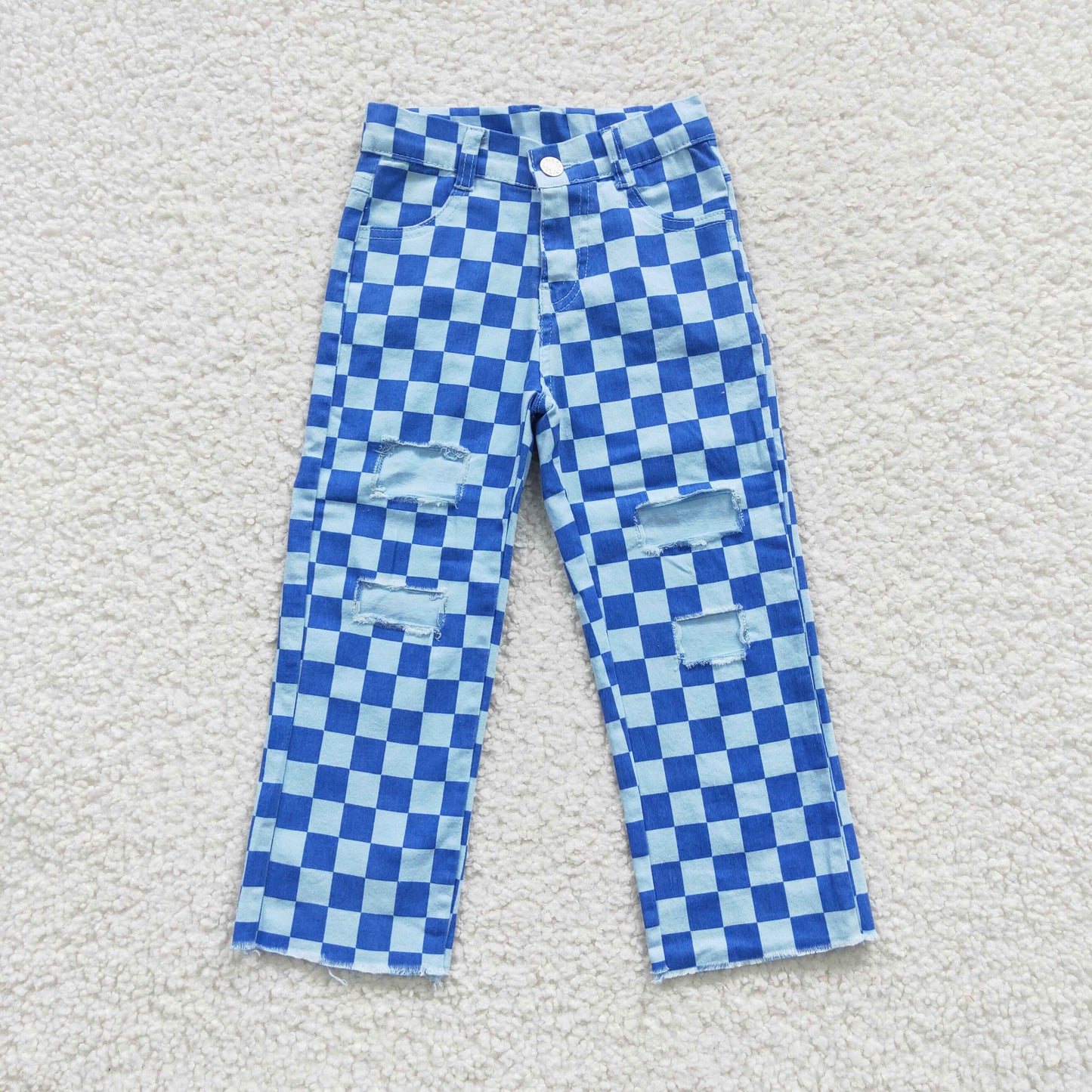 P0097 Kids blue plaid denim hole jeans