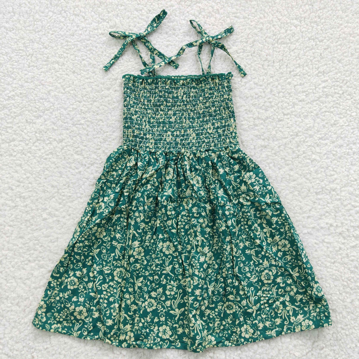 (Promotion)GSD0369 Girls spaghetti strap green flowers summer smocking dress
