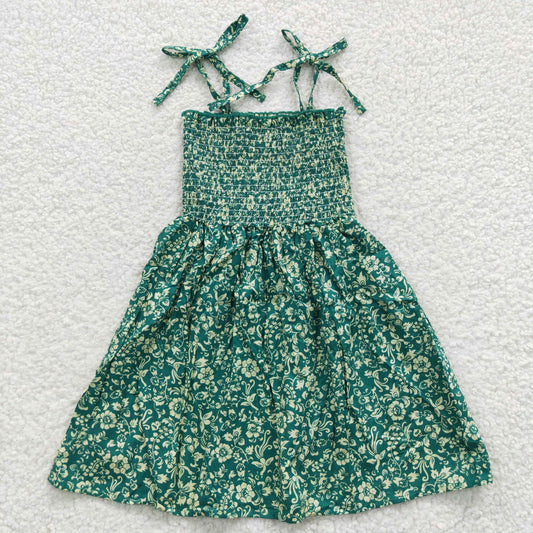 (Promotion)GSD0369 Girls spaghetti strap green flowers summer smocking dress