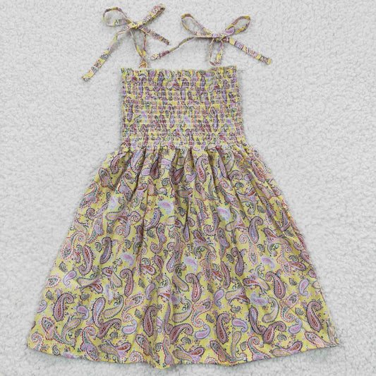 GSD0372 Girls spaghetti strap yellow pink paisley summer smocking dress