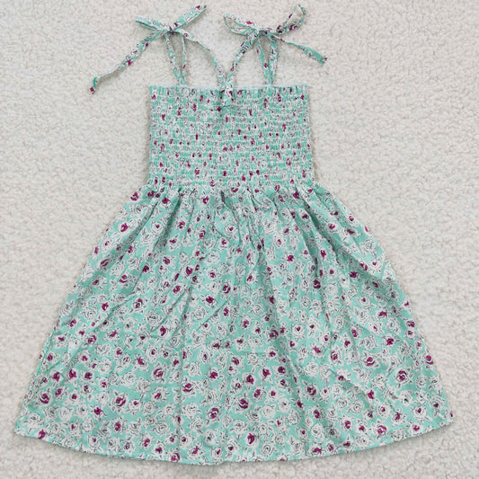 (Promotion)GSD0370 Girls spaghetti strap hot pink flowers summer smocking dress