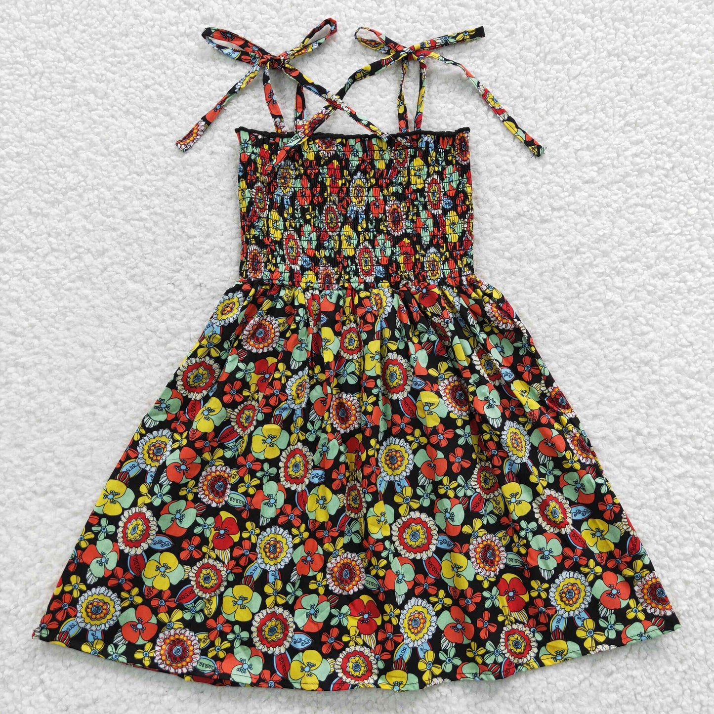 (Promotion)GSD0357 Girls spaghetti strap flowers print summer smocked dress