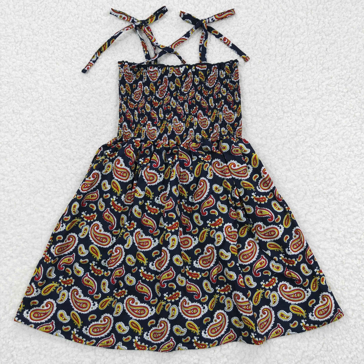 (Promotion)GSD0368 Girls spaghetti strap black red paisley summer smocking dress