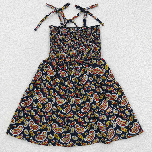 (Promotion)GSD0368 Girls spaghetti strap black red paisley summer smocking dress