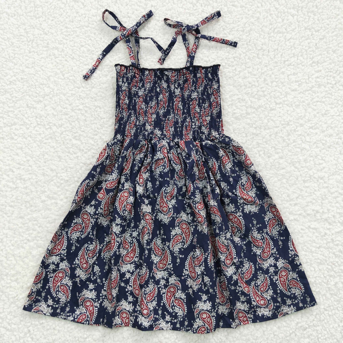 (Promotion)GSD0366 Girls spaghetti strap navy paisley summer smocked dress