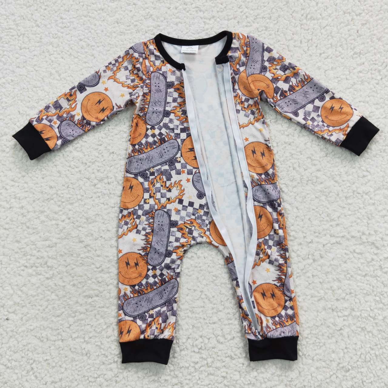 LR0305 Kids grey plaid simling face skateboarding zipper romper