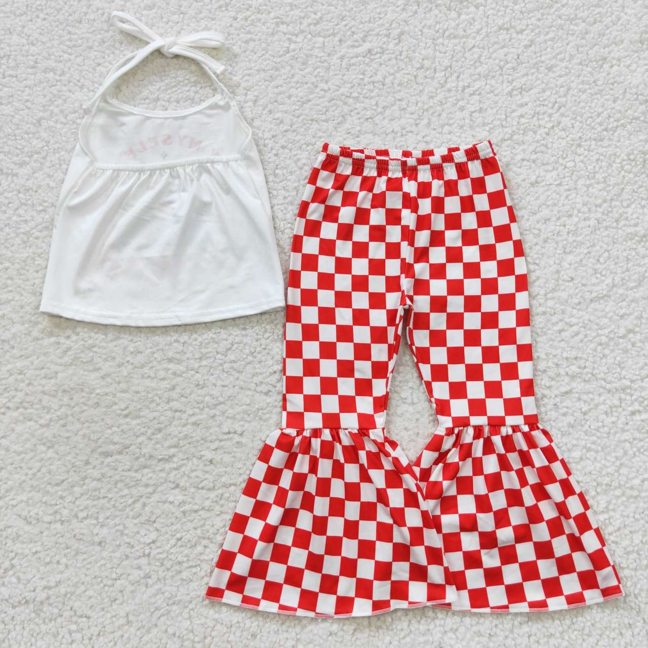GSPO0761 Halter flowers mushroom top red plaid bell pants girls clothes set