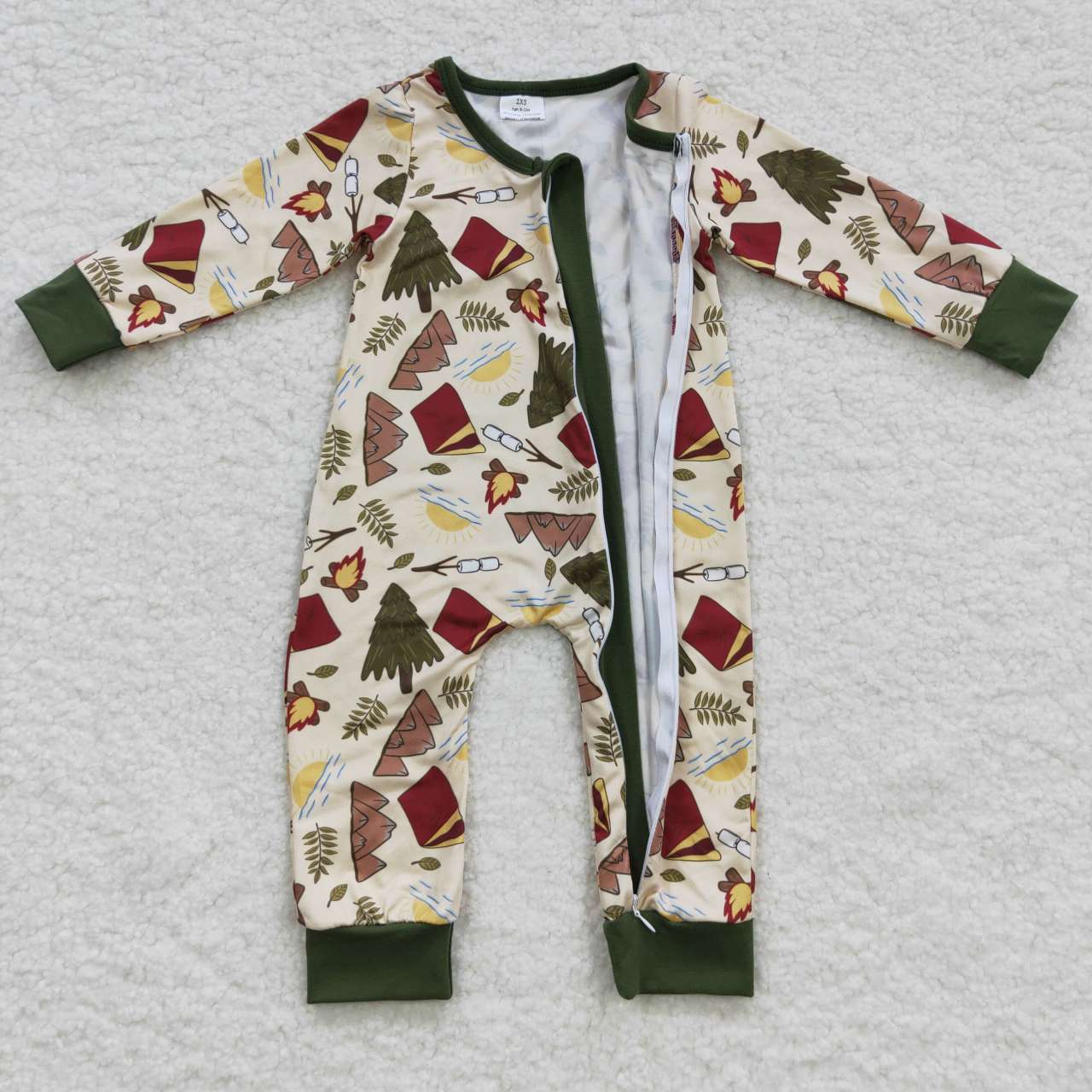 LR0398 Baby green camping design zipper romper