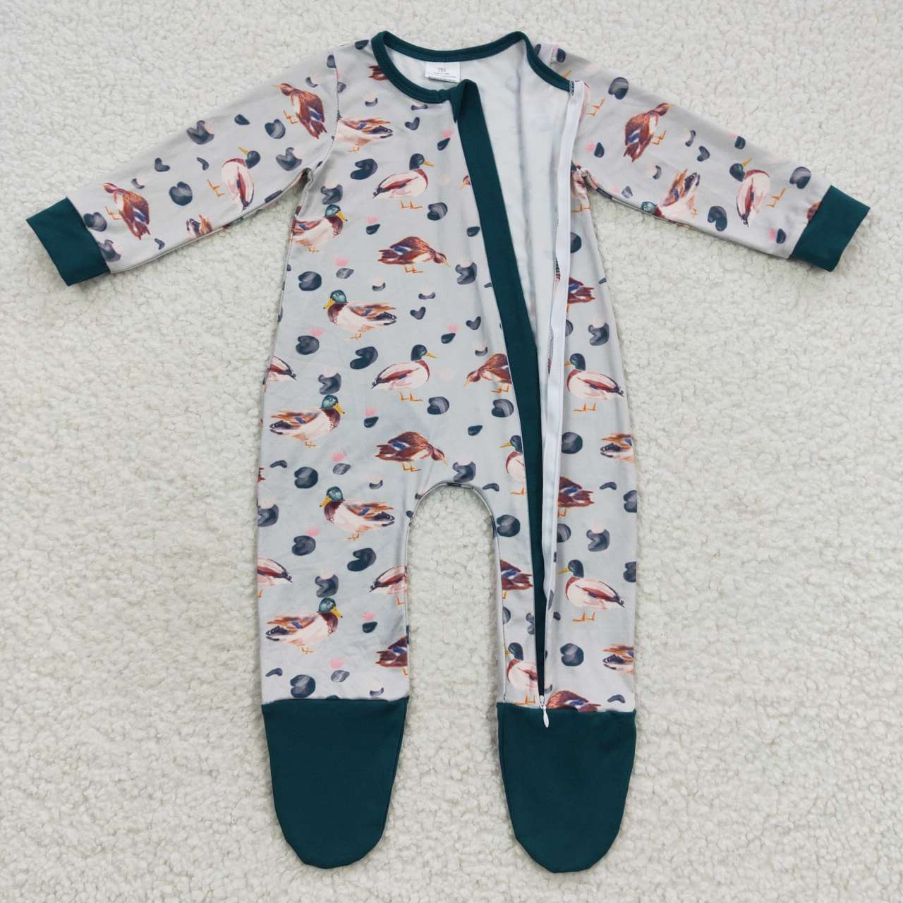 (Promotion)LR0418 Green duck print fall baby boys zipper footed romper
