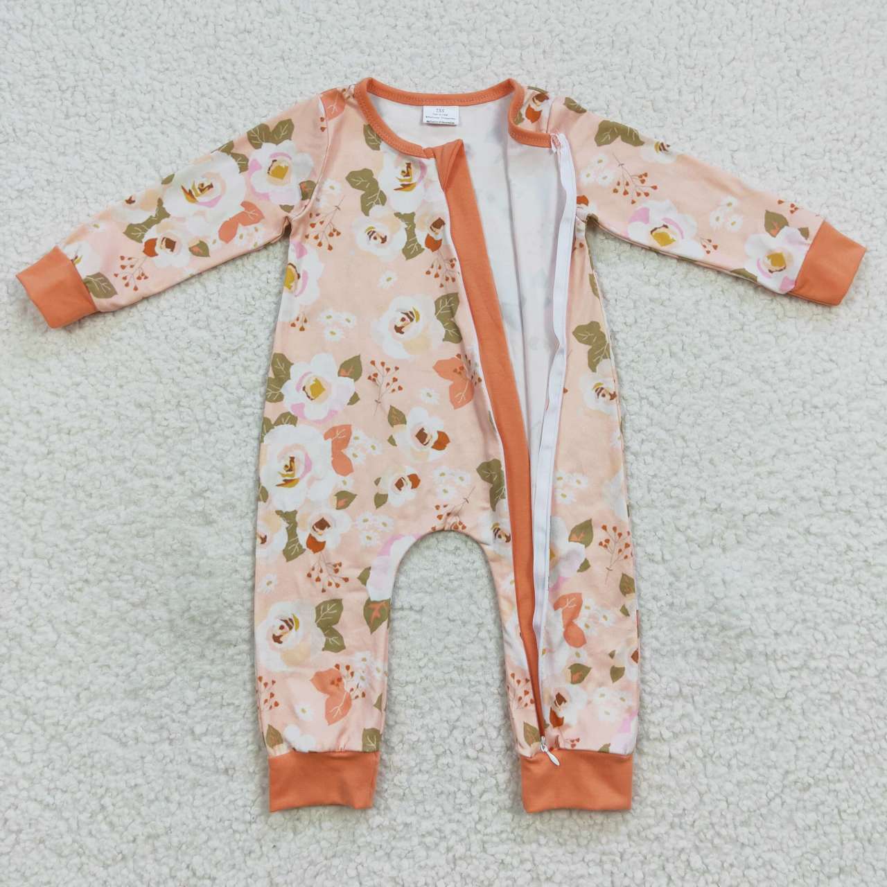 LR0476 Orange flowers print baby girls zipper romper