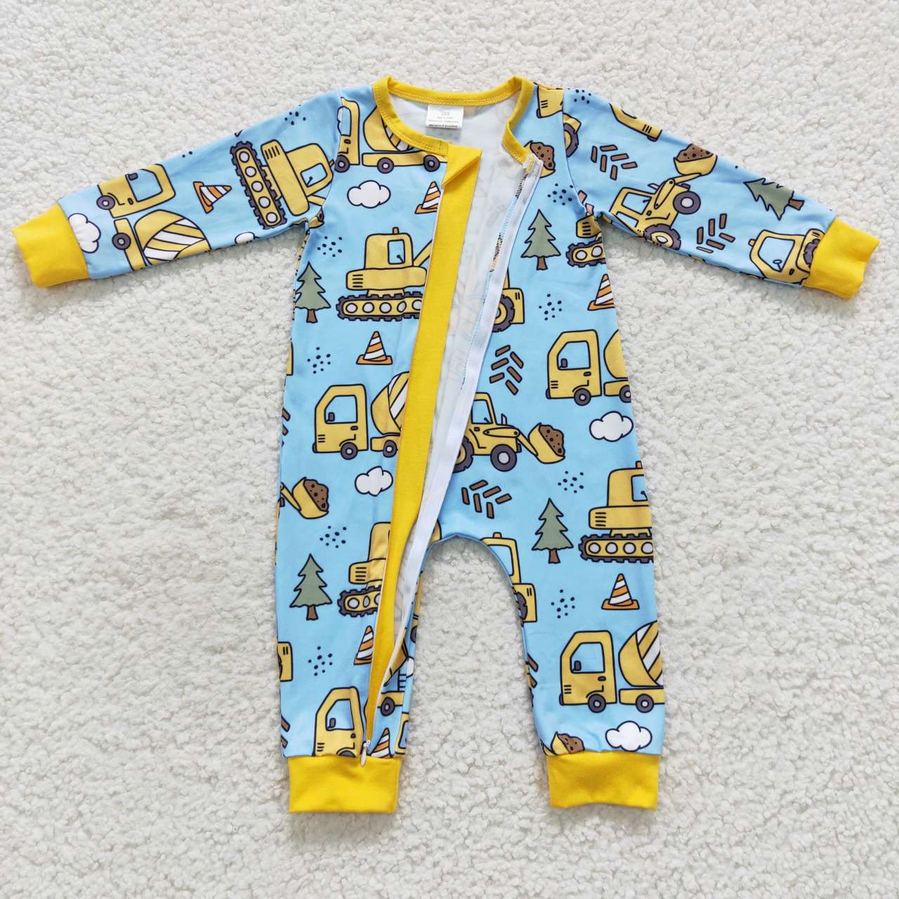 LR0492 Blue construction print baby boys zipper romper