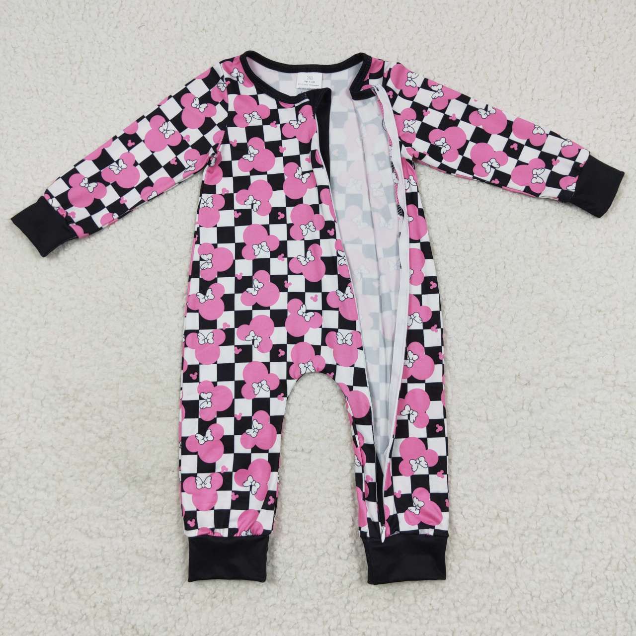 LR0478 Hot pink cartoon mouse print baby girls zipper romper