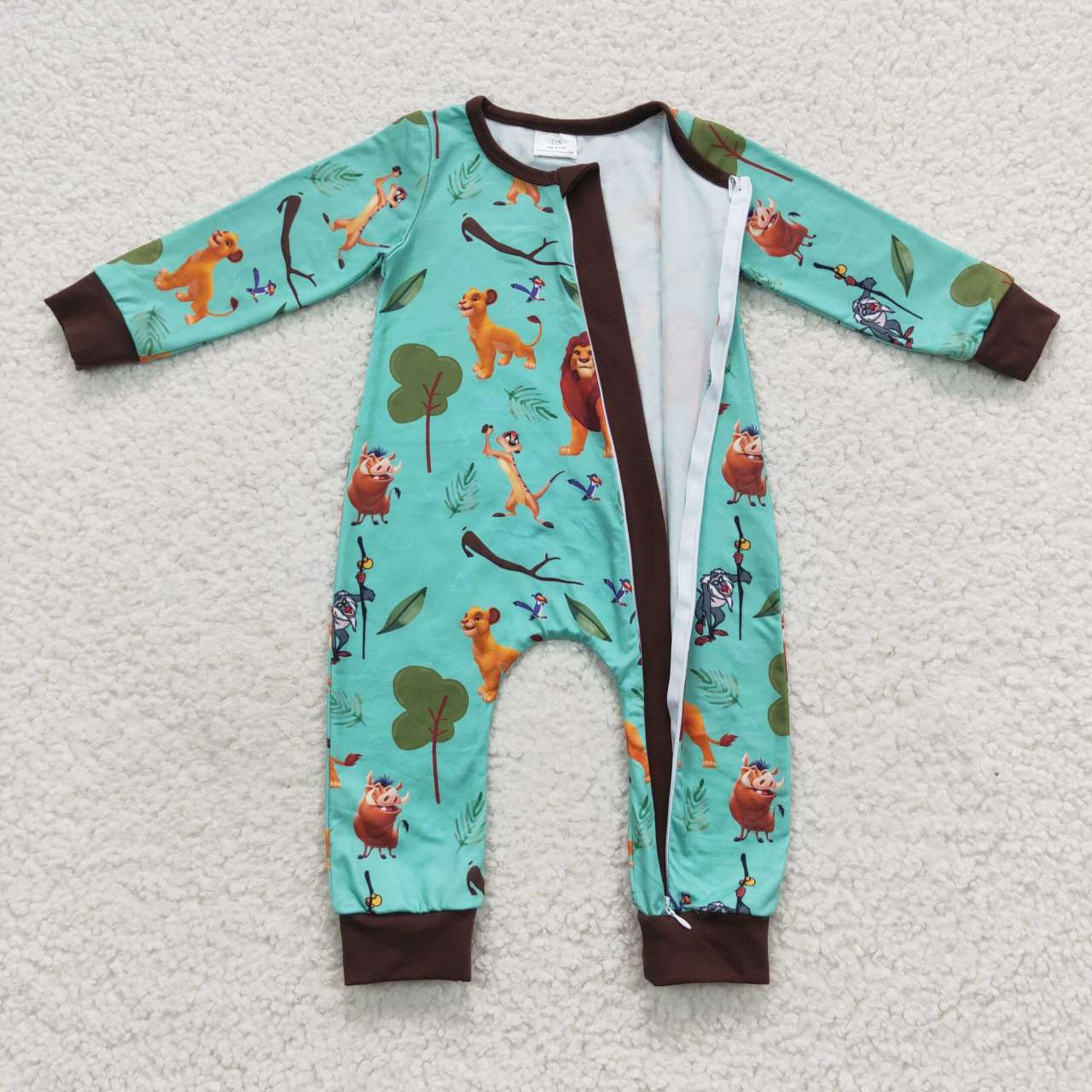 LR0486 Green cartoon lion print baby zipper romper