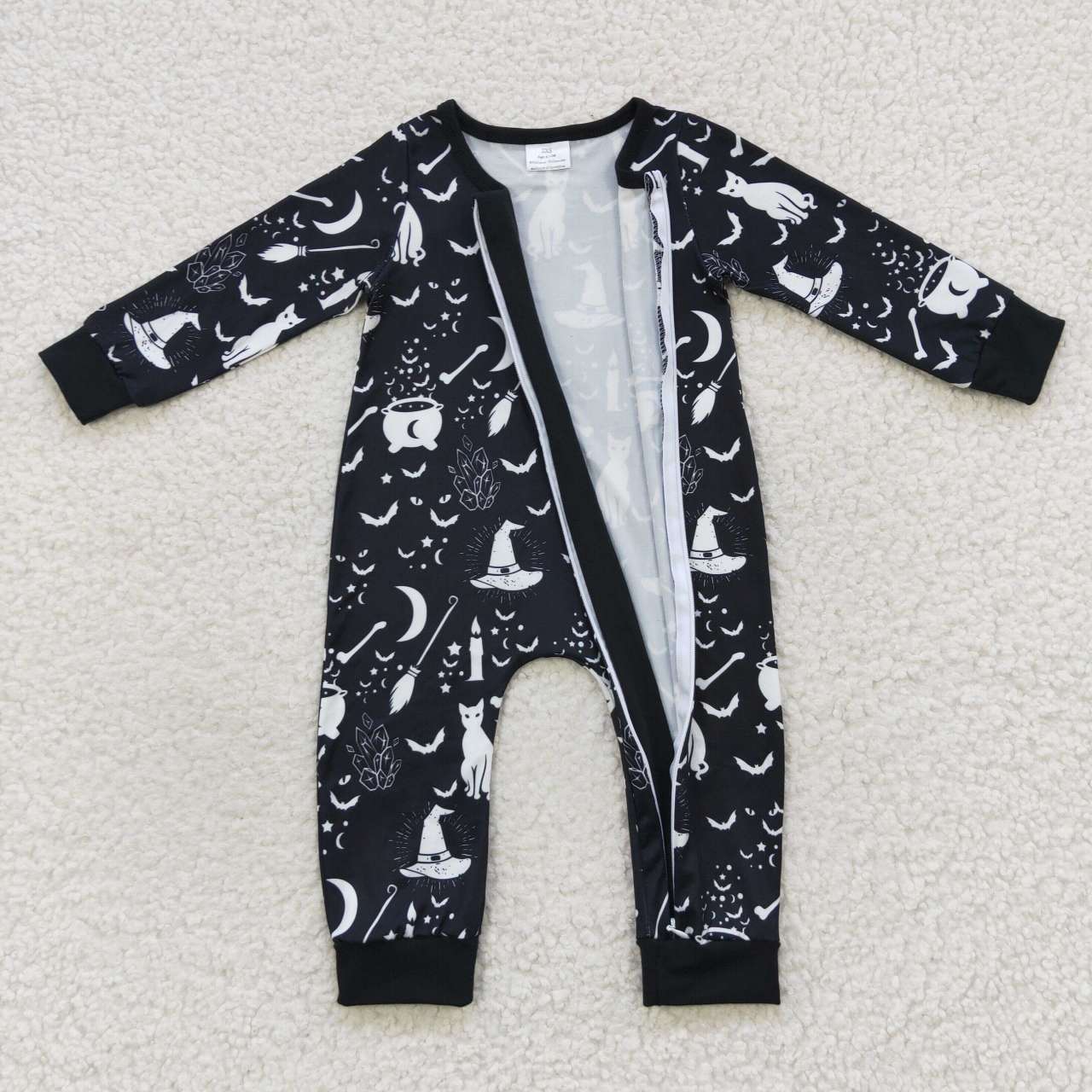 LR0473 Black witch print baby Halloween zipper romper