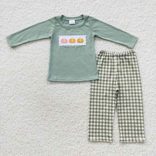 BLP0226 Boys fall pumpkin embroidery top plaid pants clothes set