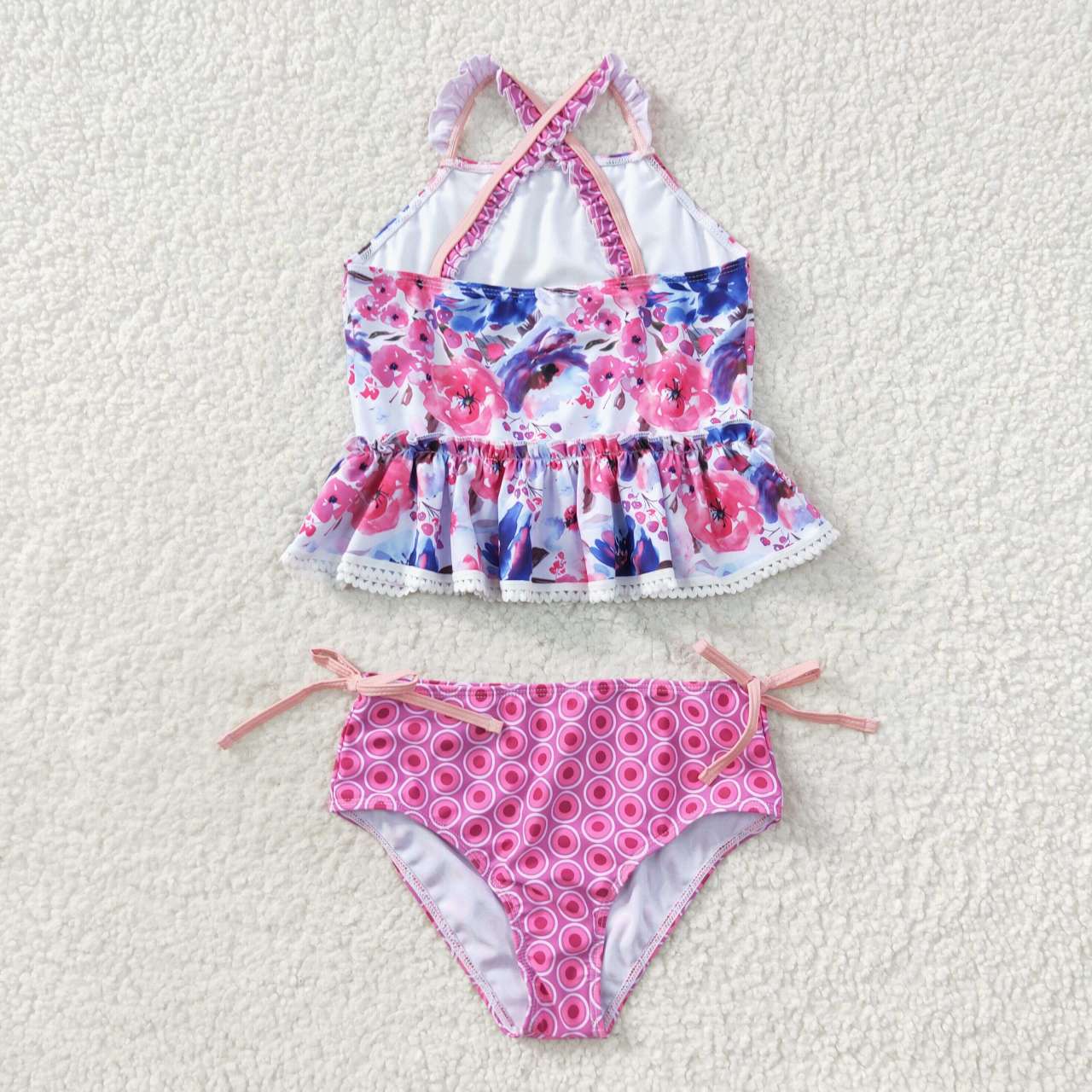 S0156 Girls purple flowers print 2 pieces swimsuits