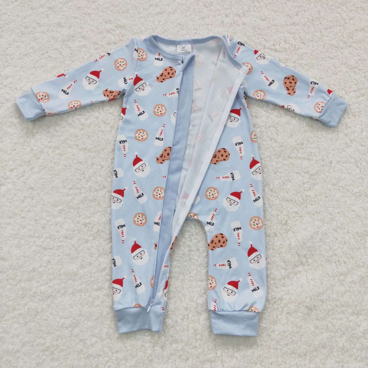 (Promotion)LR0472 Blue Christmas Santa milk cookie print baby boys zipper romper