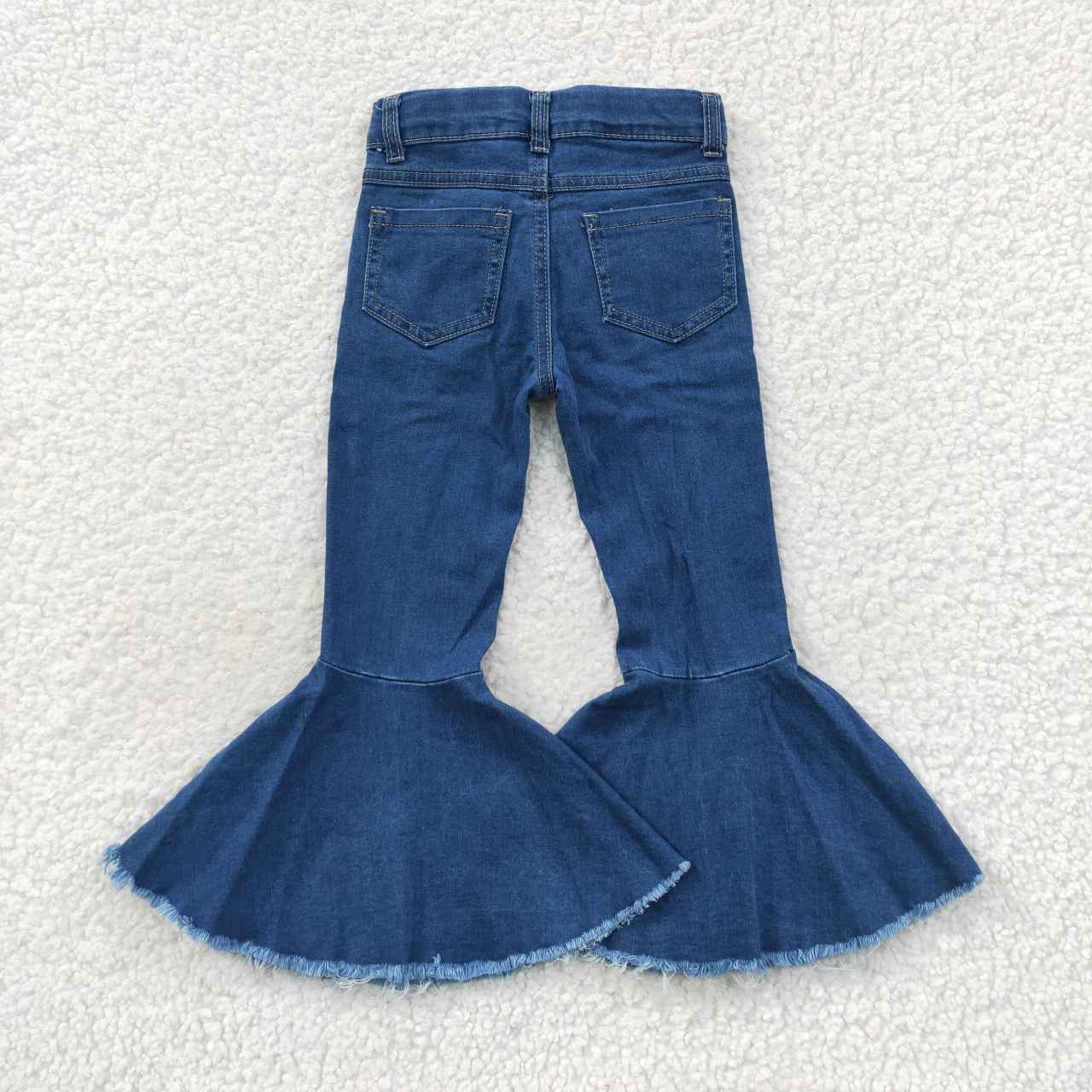 P0133 Girls blue denim hole bell bottom jeans