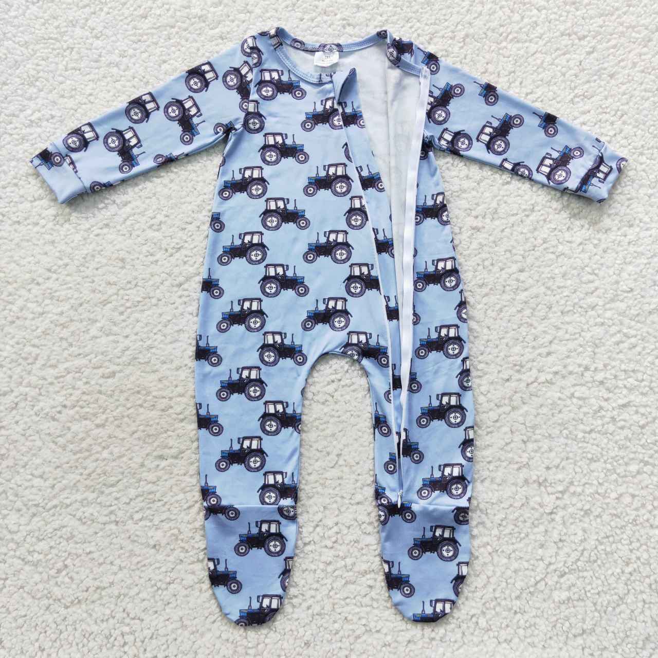 LR0537 Tractors blue print baby boys footed zipper romper