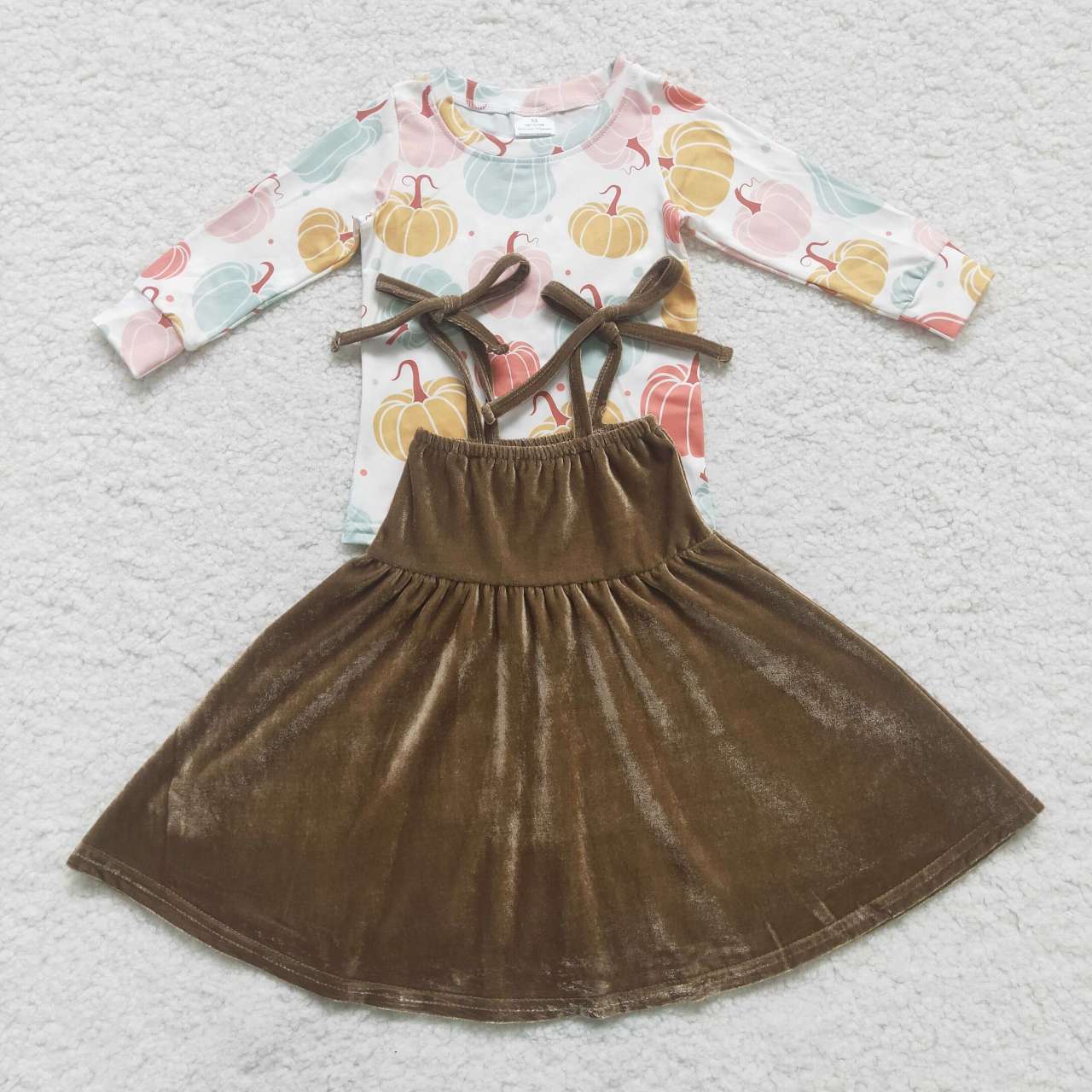 GLD0289 Pumpkin top velvet skirt girls fall clothing sets