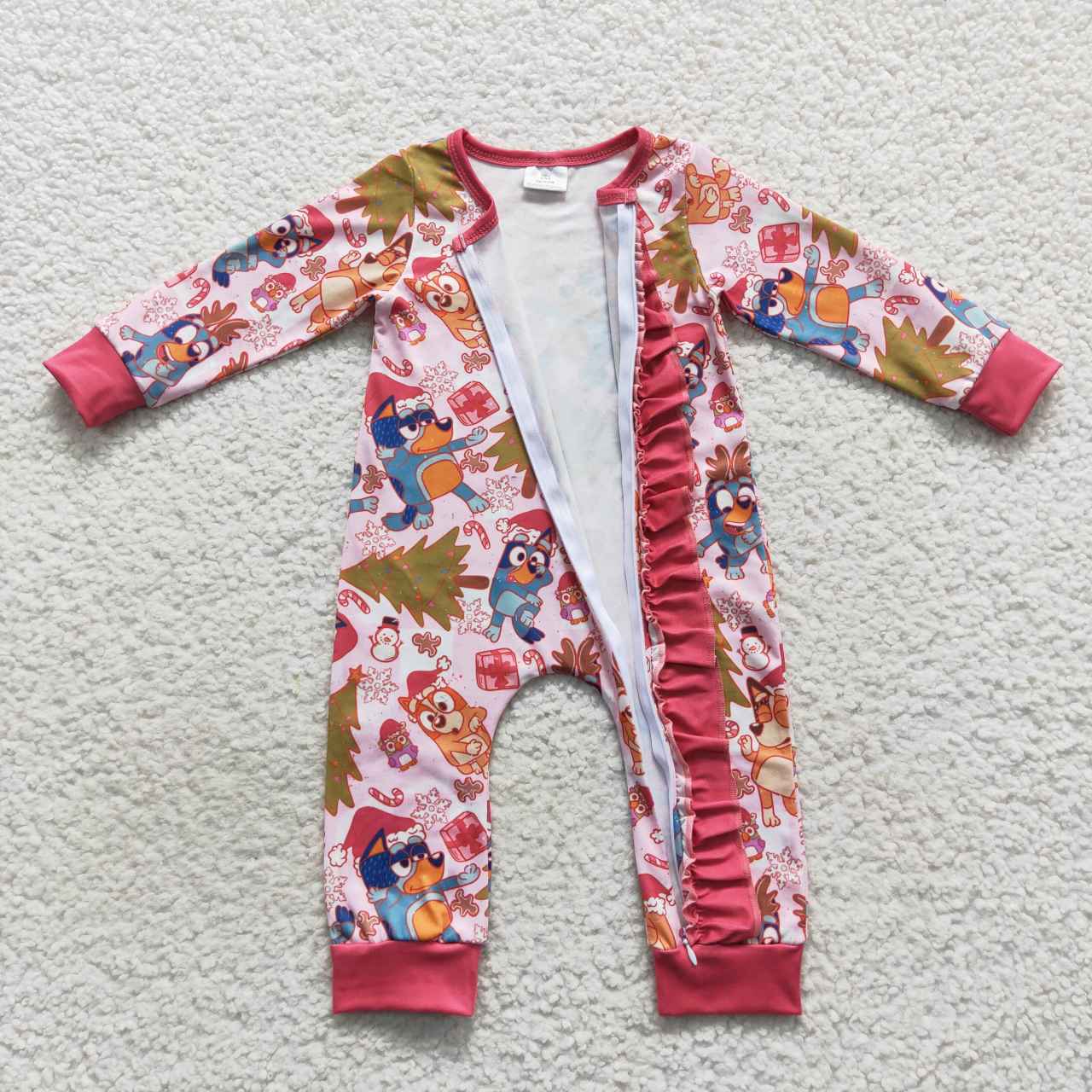 LR0512 Cartoon dog Christmas tree print baby girls zipper romper