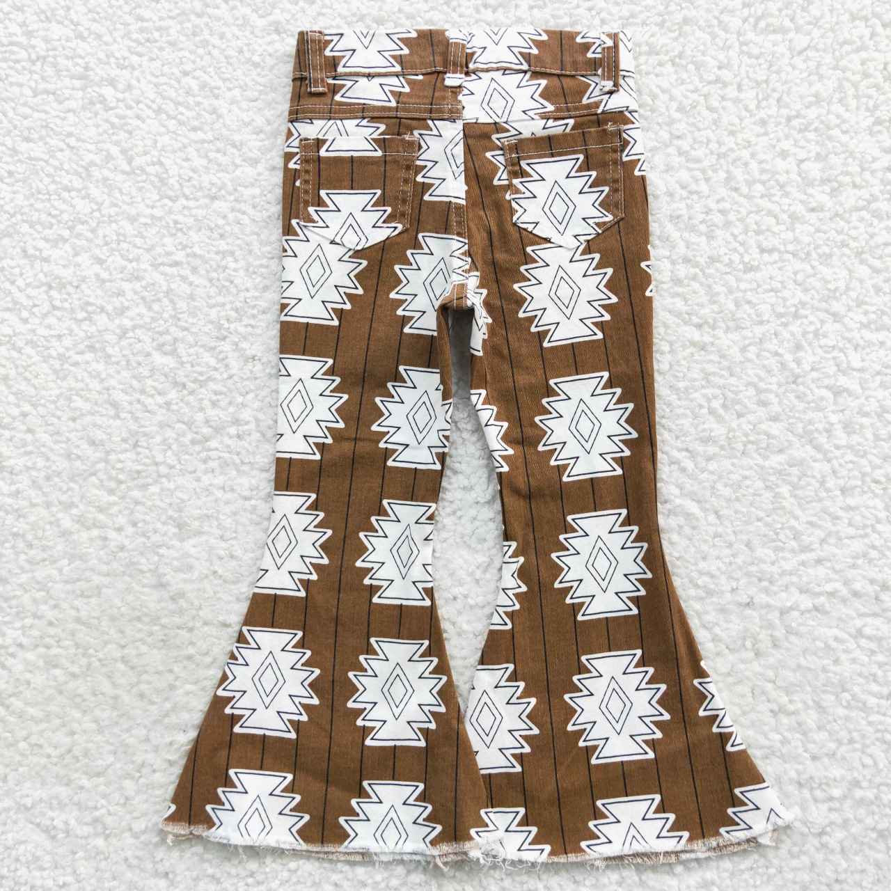 P0228 Girls brown aztec print denim western bell bottom jeans
