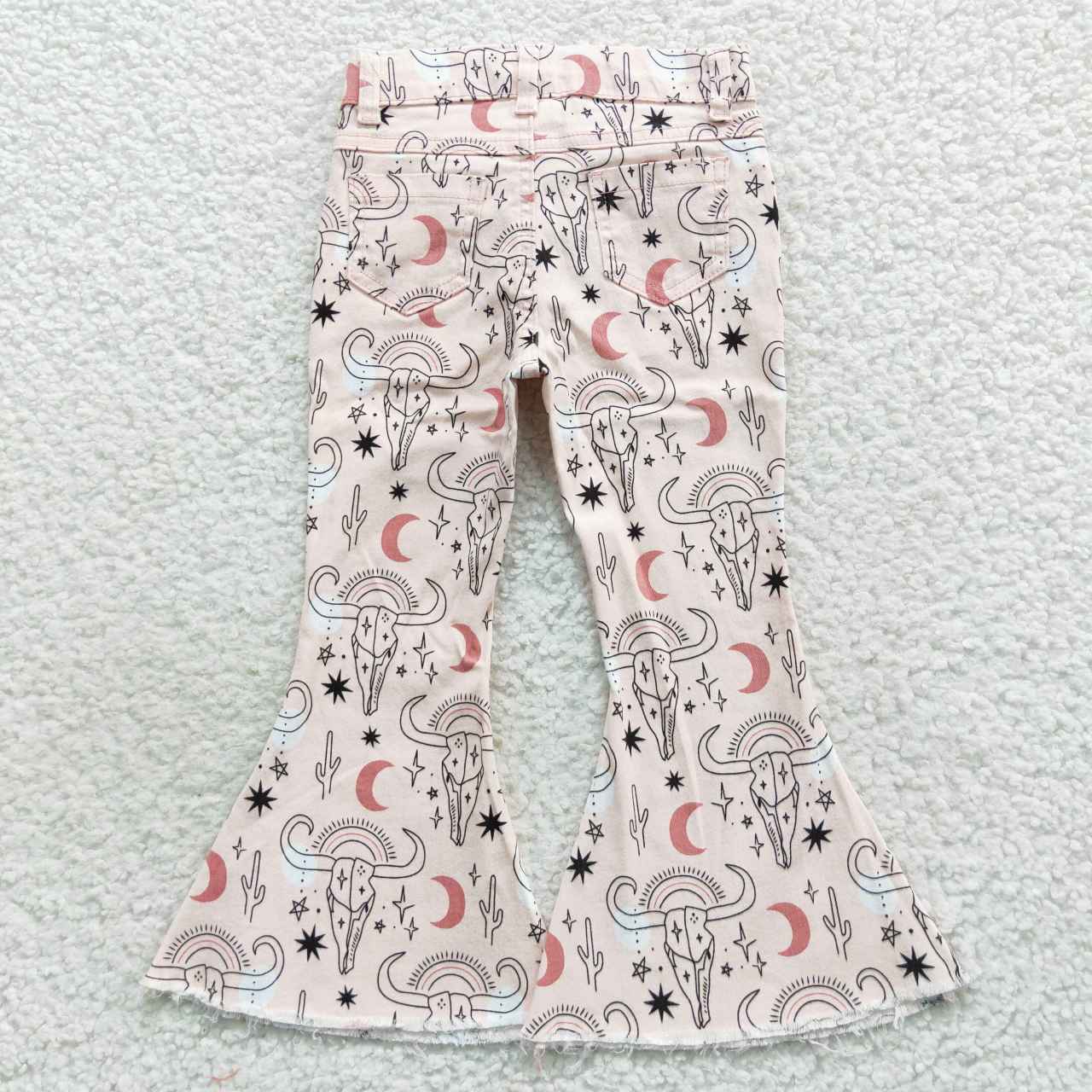 P0226 Girls pink cow skull denim western bell bottom jeans