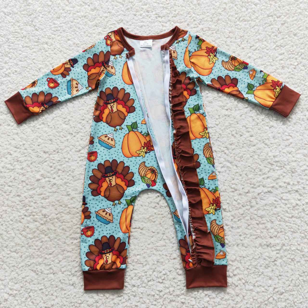 LR0580 Turkey pumpkin print baby girls zipper romper