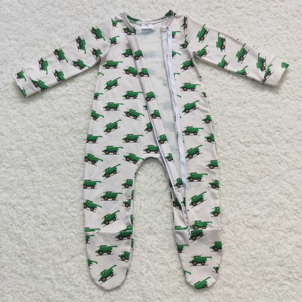 LR0538 Tractors green print baby boys footed zipper romper