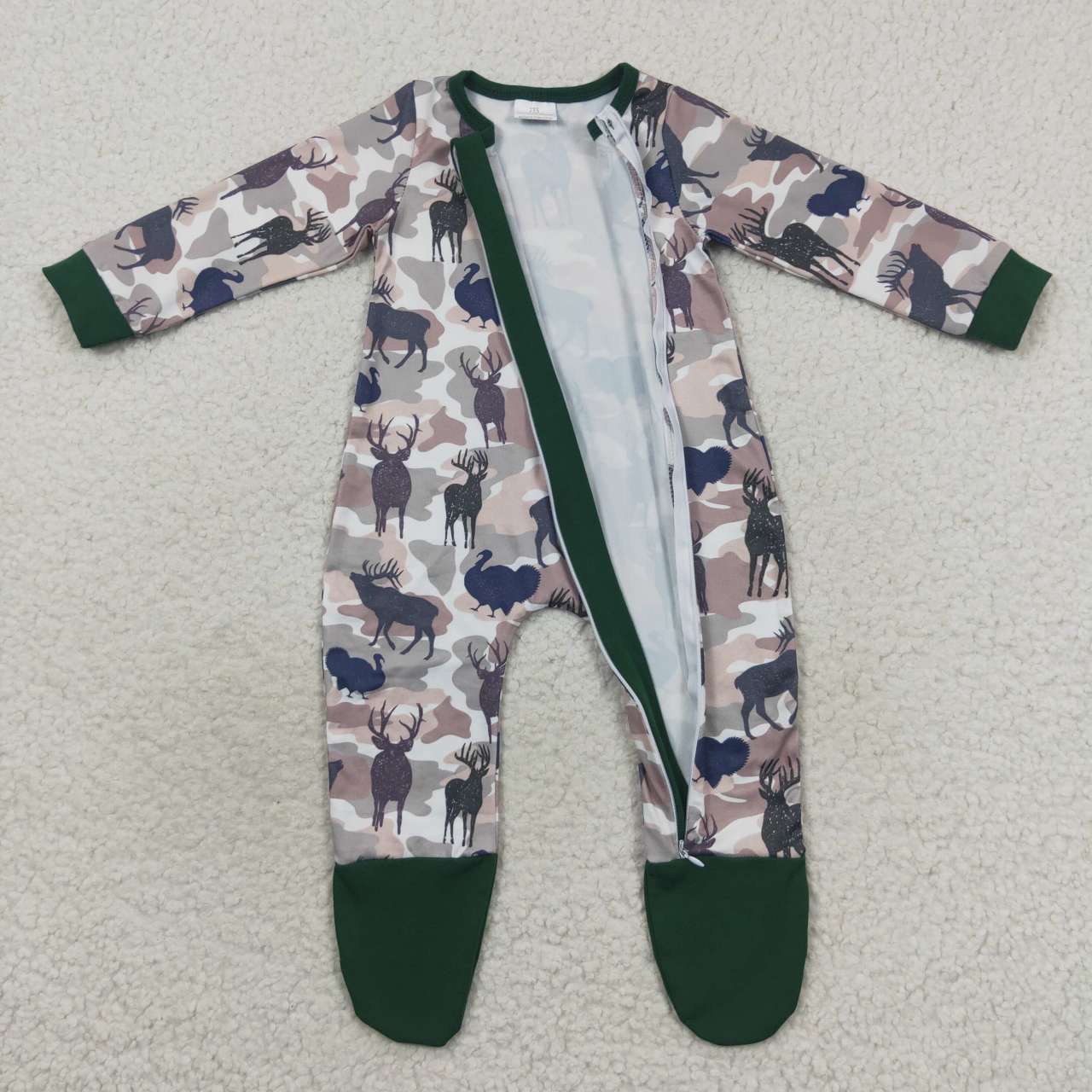 LR0519 Green deer camo print baby footed zipper romper