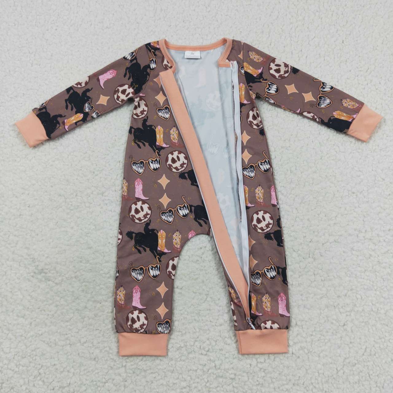 LR0482 Western boots print baby zipper romper