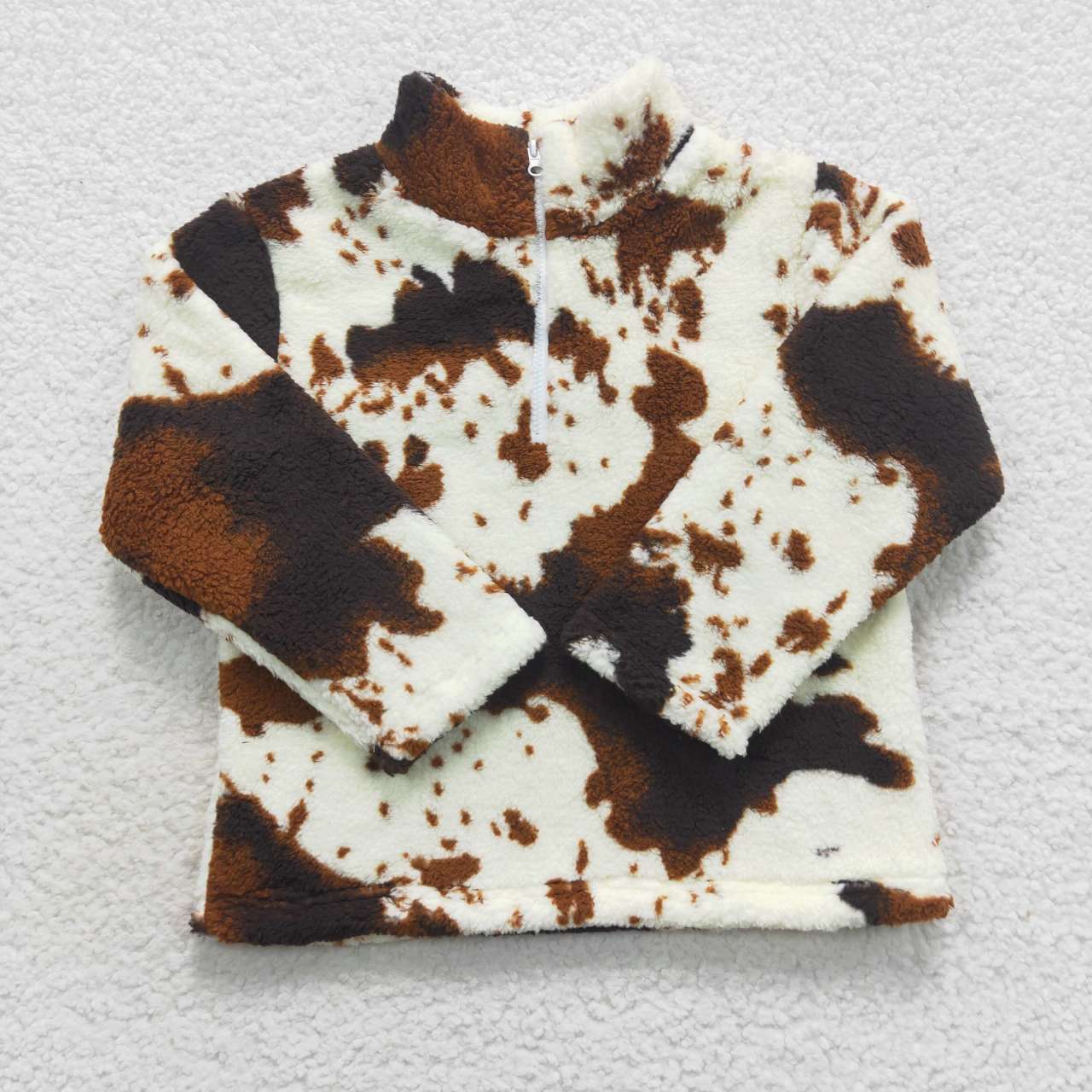 BT0355 Cowhide Print Zip Winter Thick Pullover Kids Sherpa Top