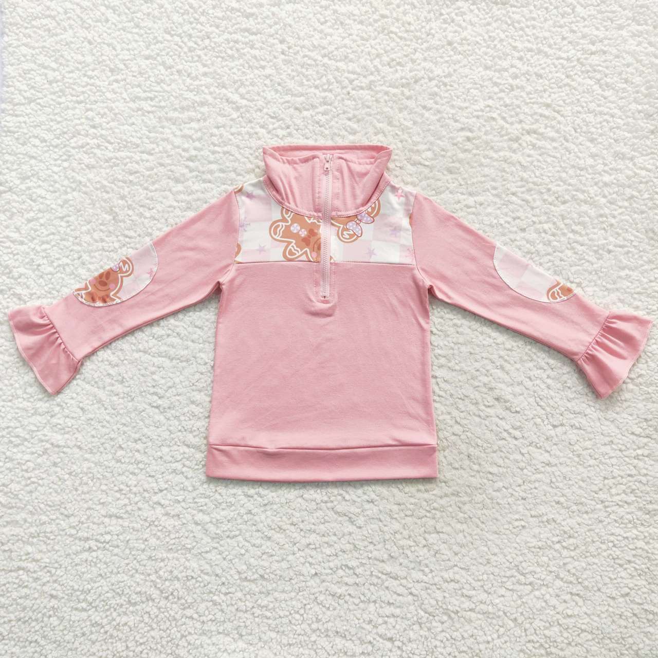 GT0218 Pink Gingerbread print girls Christmas zip pullover top